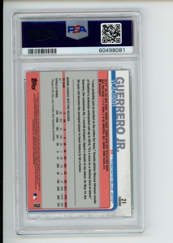 2019 Topps Chrome Update Vladimir Guerrero Jr #21 Rookie Blue Jays PSA 10 (081) view 2
