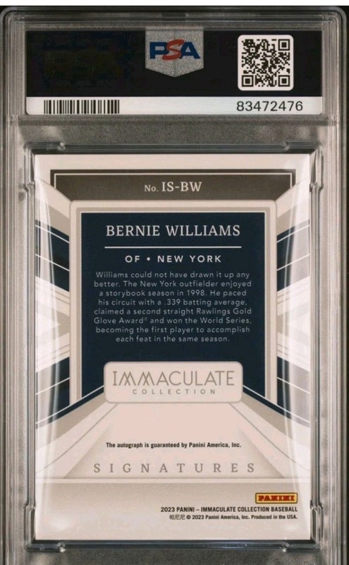 2023 IMMACULATE BERNIE WILLIAMS SIGNATURE PLATINUM 1/1 ONE OF ONE PSA 9 PCB MD$ view 2