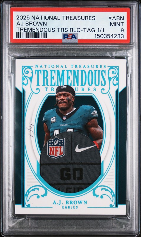 2025 Panini National Treasures Tremendous Relic Laundry Tag 1/1 Aj Brown PSA 9