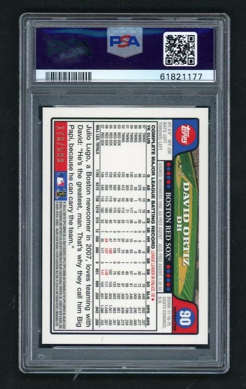 2008 Topps Chrome Copper Refractor David Ortiz #90 /599 PSA 9 view 2