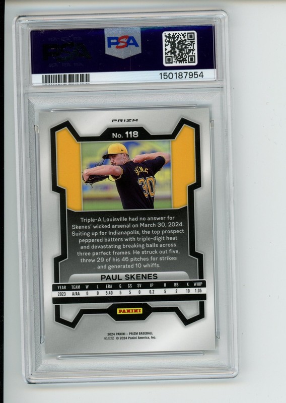 2024 Prizm Paul Skenes #118 Rookie RC Silver Prizm PSA 6 EX-MT view 2