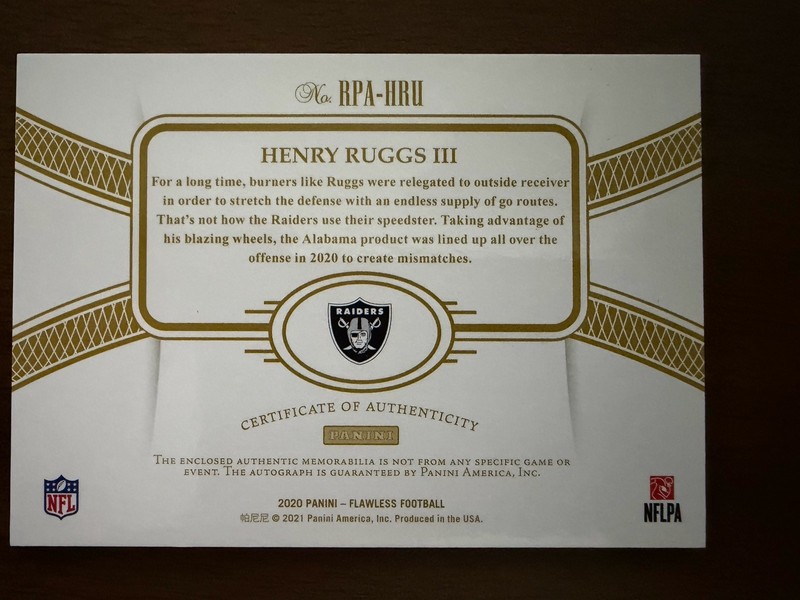 Henry Ruggs III 2020 Panini Flawless Nike Logo Swoosh Auto 1/1 view 2