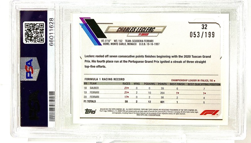 CHARLES LECLERC 2021 Topps Chrome F1 Sapphire Ed - CHARTREUSE /199 #32 PSA 9 MT view 2