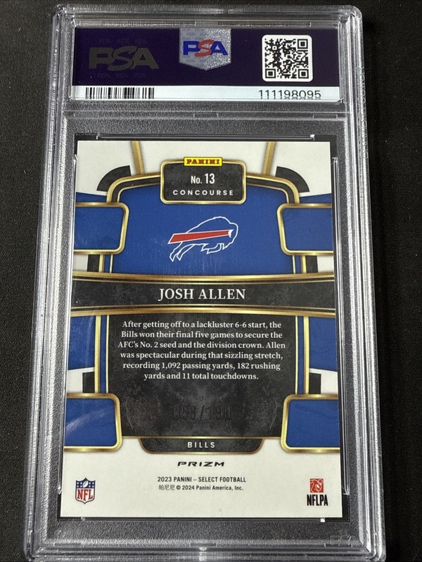 Josh Allen 2023 Panini Select Concourse Blue Prizm #13 /199 PSA 10 Buffalo Bills view 2