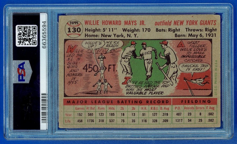 1956 Topps Willie Mays #130 Gray Back PSA 2.....Nice 2 view 2