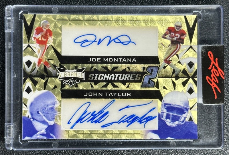 JOE MONTANA JOHN TAYLOR 2023 LEAF VIBRANCE #VS2-11 AUTO SUPER PRISMATIC GOLD 1/1