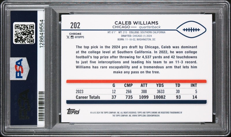 CALEB WILLIAMS RC 2024 TOPPS CHROME YELLOW WAVE REFRACTOR ROOKIE SP 10/75 PSA 9 view 2