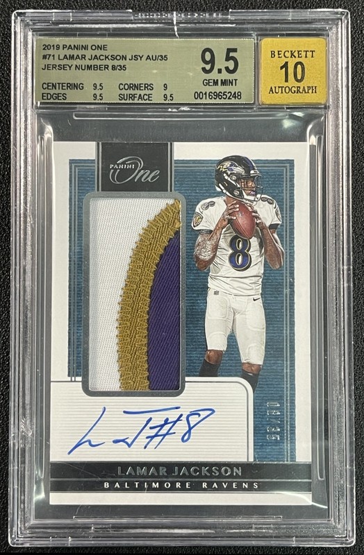 JSY# 08/35 LAMAR JACKSON BGS 9.5 2019 PANINI ONE #71 JERSEY PATCH AUTO RAVENS
