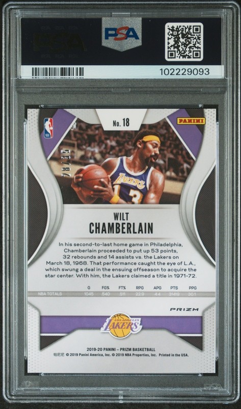 WILT CHAMBERLAIN 2019-20 PANINI PRIZM PURPLE PULSAR SP 28/35 PSA 10 GEM MINT view 2