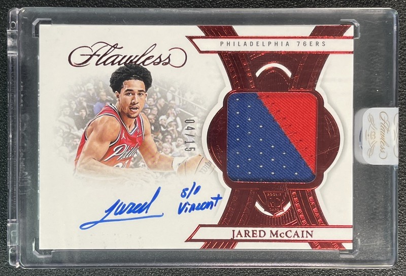 JARED MCCAIN 2024-25 PANINI FLAWLESS ROOKIE GU PATCH INSCRIPTION AUTO RUBY 4/15