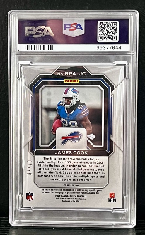 2022 Panini Prizm James Cook Rookie Patch Gold Auto 07/10 RPA PSA view 2