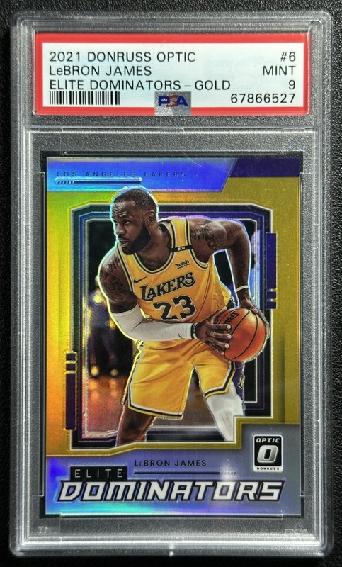 LEBRON JAMES PSA 9 2021 PANINI DONRUSS OPTIC #6 ELITE DOMINATORS GOLD PRIZM 9/10