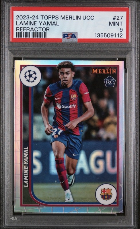 2023-24 Topps Chrome Merlin UEFA Lamine Yamal RC Refractor #27 Barcelona PSA 9