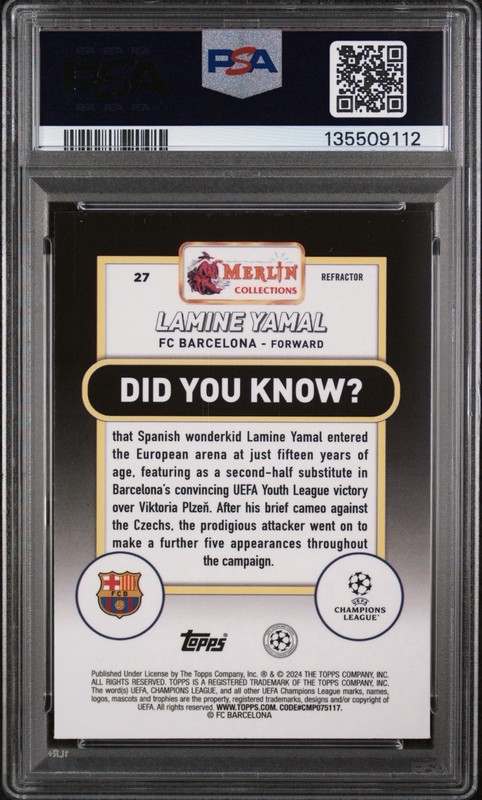 2023-24 Topps Chrome Merlin UEFA Lamine Yamal RC Refractor #27 Barcelona PSA 9 view 2