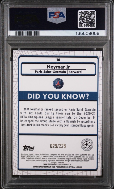 2021-22 Topps Merlin UCL Neymar Jr Yellow Wave Refractor /225 #10 PSG PSA 10 MT view 2