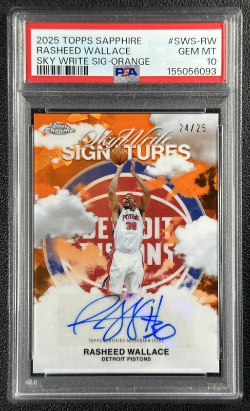 RASHEED WALLACE PSA 10 2025 TOPPS CHROME SAPPHIRE SKYWRITE AUTO ORANGE REF 24/25