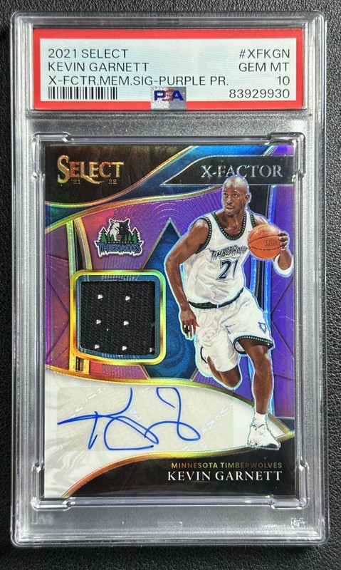 KEVIN GARNETT PSA 10 2021 PANINI SELECT X FACTOR GU JERSEY AUTO PURPLE PRIZM /49