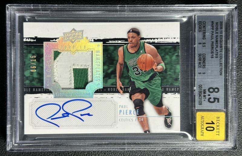 PAUL PIERCE BGS 8.5 2009-10 UPPER DECK EXQUISITE NOBLE NAMEPLATES PATCH AUTO /15