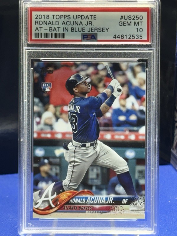 2018 Topps Update #US250 Ronald Acuna Jr At-Bat In Blue Jersey RC Rookie PSA 10