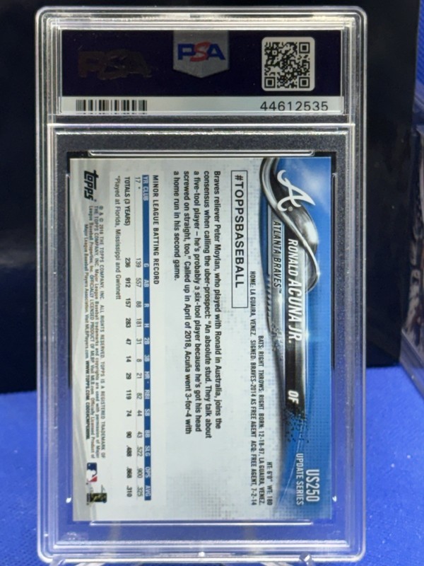 2018 Topps Update #US250 Ronald Acuna Jr At-Bat In Blue Jersey RC Rookie PSA 10 view 2