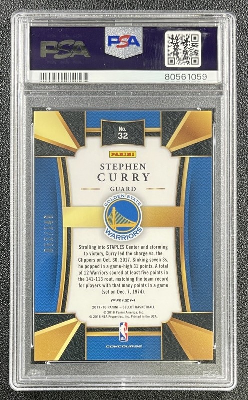 STEPHEN CURRY PSA 10 2017-18 PANINI SELECT #32 WHITE PRIZM CONCOURSE 52/149 view 2