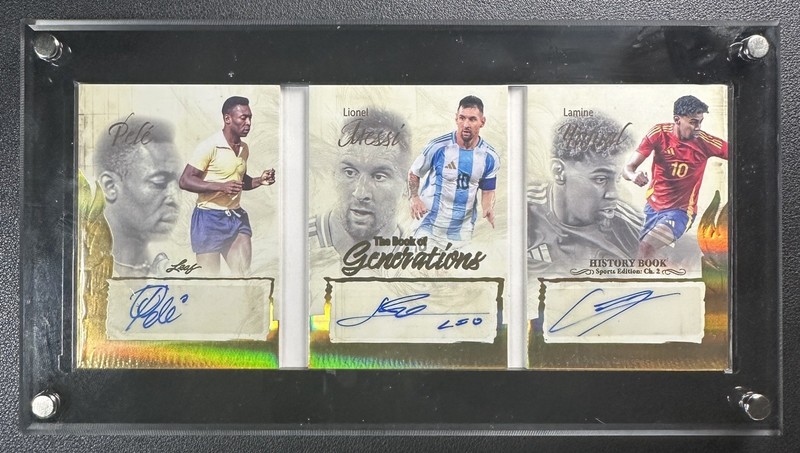 PELE LIONEL MESSI LAMINE YAMAL 2025 LEAF HISTORY BOOK OF GENERATIONS AUTO 1/1