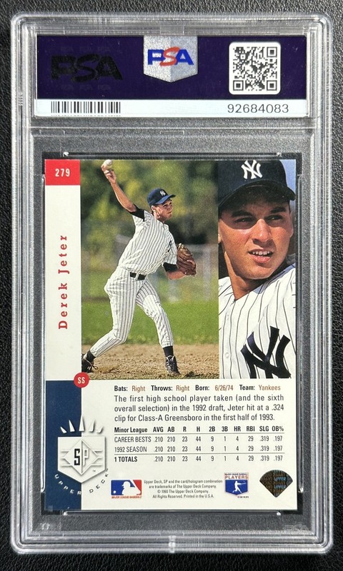 DEREK JETER PSA 9 1993 UPPER DECK SP #279 FOIL ROOKIE RC YANKEES MINT view 2