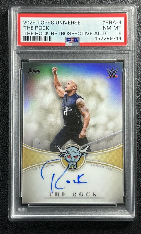 THE ROCK PSA 8 2025 TOPPS UNIVERSE WWE #RRA-4 RETROSPECTIVE ON CARD AUTO SP RARE