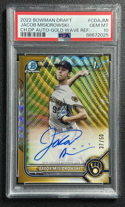 JACOB MISIOROWSKI PSA 10 2022 BOWMAN CHROME AUTO GOLD WAVE REFRACTOR 1ST RC /50