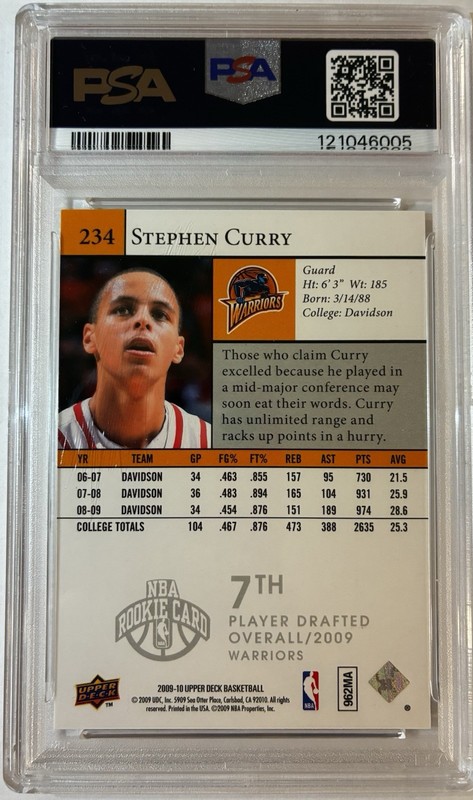 2009-10 Upper Deck #234 Stephen Curry Warriors RC Rookie PSA 9 MINT See Desc. view 2