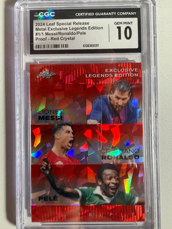 2024 Leaf Metal Exclusive Legends Edition Messi Ronaldo Pele Red cracked ice 1/1