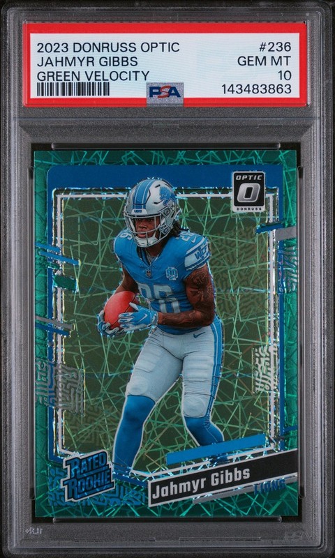 2023 Donruss Optic Rated Rookie Green Velocity Jahmyr Gibbs #236 PSA 10