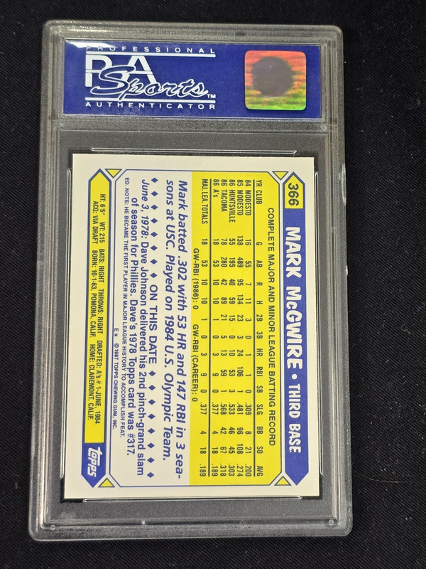 1987 Topps Tiffany #366 Mark McGwire PSA 9 view 2