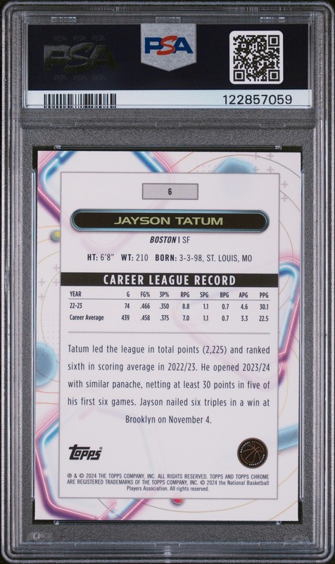 JAYSON TATUM #6 2023-24 TOPPS CHROME COSMIC BLUE MOON #/99 PSA 10 POP 3 view 2