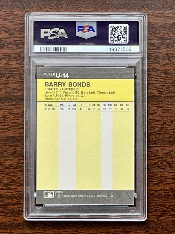 1986 Fleer Update Barry Bonds Rookie RC #U-14 PSA 7 Pirates view 2