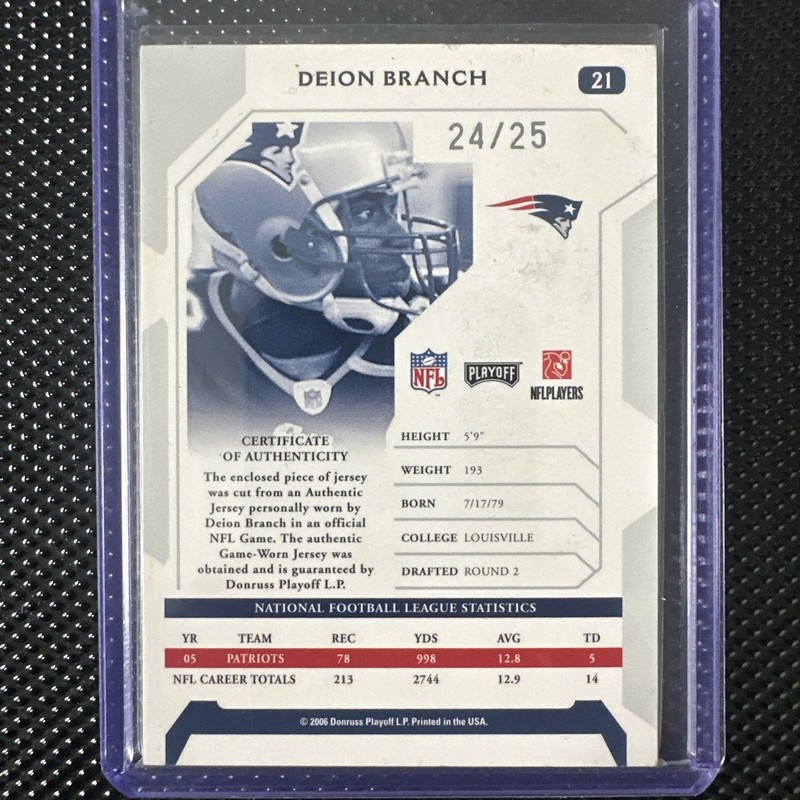2006 Playoff Deion Branch Signature Proof Patch Auto /25 Game Used Patriots #21 view 2