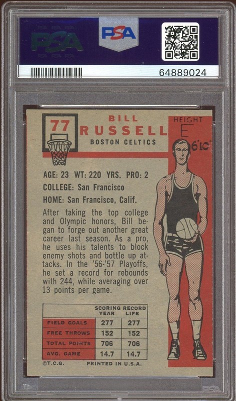 1957 Topps Bill Russell Rookie Card RC #77 - Certified PSA 7 MC (Near Mint) view 2