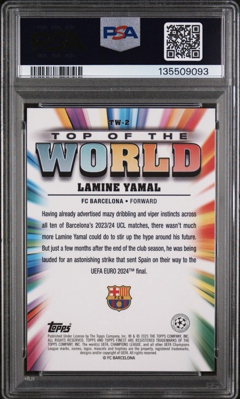 2024-25 Topps Finest UCC Top of the World Lamine Yamal #TW2 Purple /299 PSA 9 MT view 2