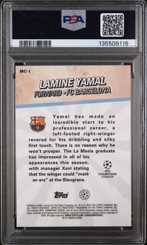 2023-24 Topps Merlin UEFA CC Lamine Yamal Merlin's Chosen Ones RC PSA 8 NM-MT view 2