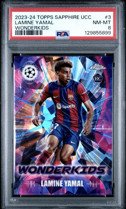 2023-24 Topps Chrome UCC Lamine Yamal RC Sapphire Wonderkids FC Barcelona PSA 8
