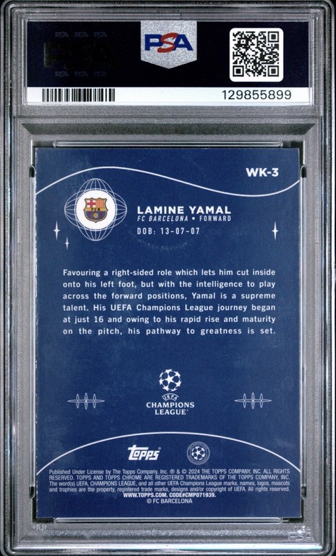 2023-24 Topps Chrome UCC Lamine Yamal RC Sapphire Wonderkids FC Barcelona PSA 8 view 2
