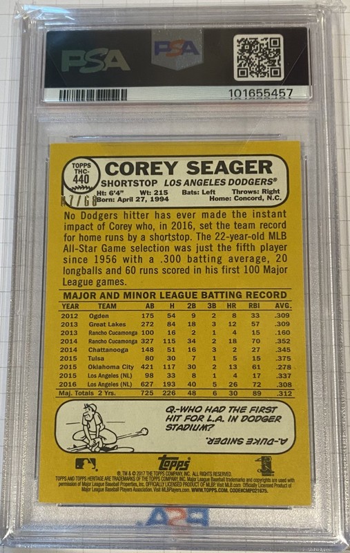 2017 Topps Heritage Chrome Corey Seager Blue Refractor #440 RC /68 PSA 10 view 2