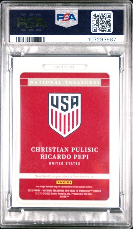 2022 Panini National Treasures Christian Pulisic Ricardo Pepi Dual Auto /5 PSA 8 view 2