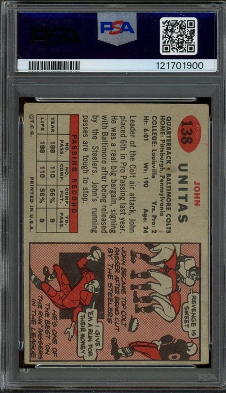 1957 TOPPS #138 JOHNNY UNITAS PSA 2 COLTS RC HOF [900] view 2