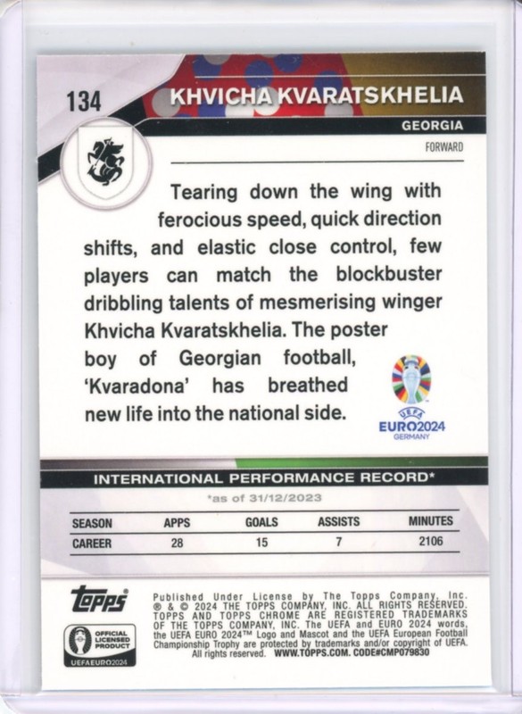 2024 TOPPS CHROME UEFA EURO SOCCER BASE SAPPHIRE KHVICHA KVARATSKHELIA #134 view 2
