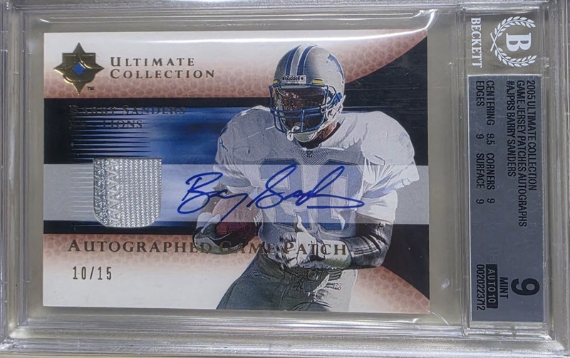 BARRY SANDERS 2005 ULTIMATE COLLECTION GAME USED PATCH AUTO #D 10/15 BGS 9/10🔥 