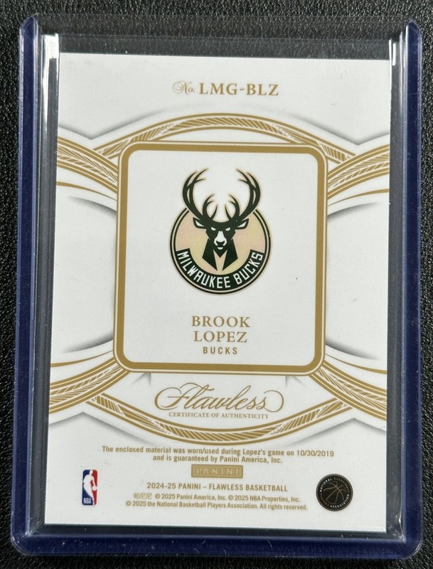 BROOK LOPEZ 2024-25 PANINI FLAWLESS GAME-DATED GAME-USED LOGOMAN PATCH 1/1 BUCKS view 2