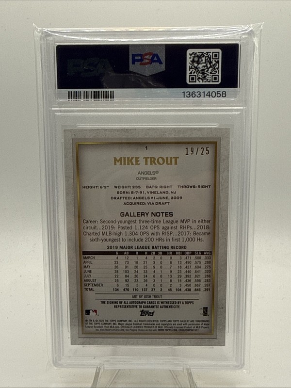2020 Topps Gallery Mike Trout /25 Auto Orange PSA 9 Auto 10 POP 1! view 2