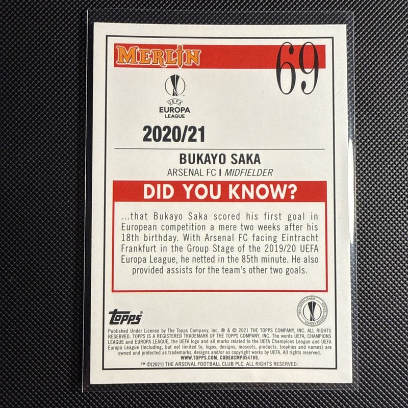 2020-21 Merlin Chrome UEFA Champions League Bukayo Saka Card #69 view 2
