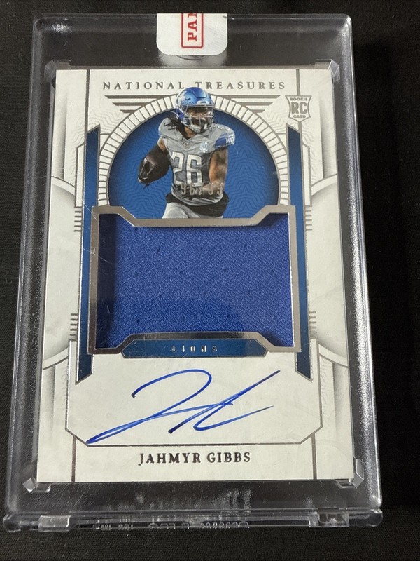 2023 National Treasures Jahmyr Gibbs True Rookie Patch Auto 96/99 Encased